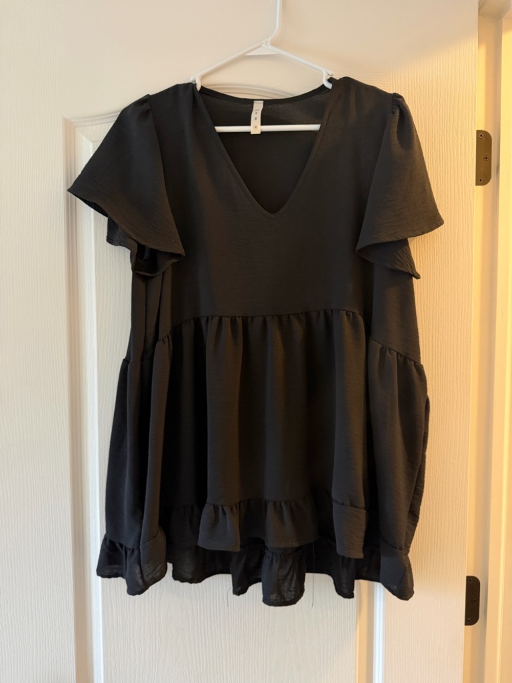 Black Tiered Babydoll Top | Flutter Sleeve V-Neck Blouse - Picture 2 of 5